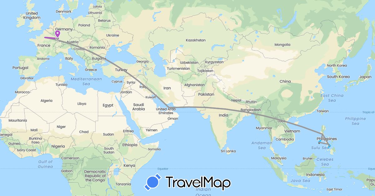TravelMap itinerary: driving, plane, train, boat, motorbike in United Arab Emirates, France, Philippines (Asia, Europe)